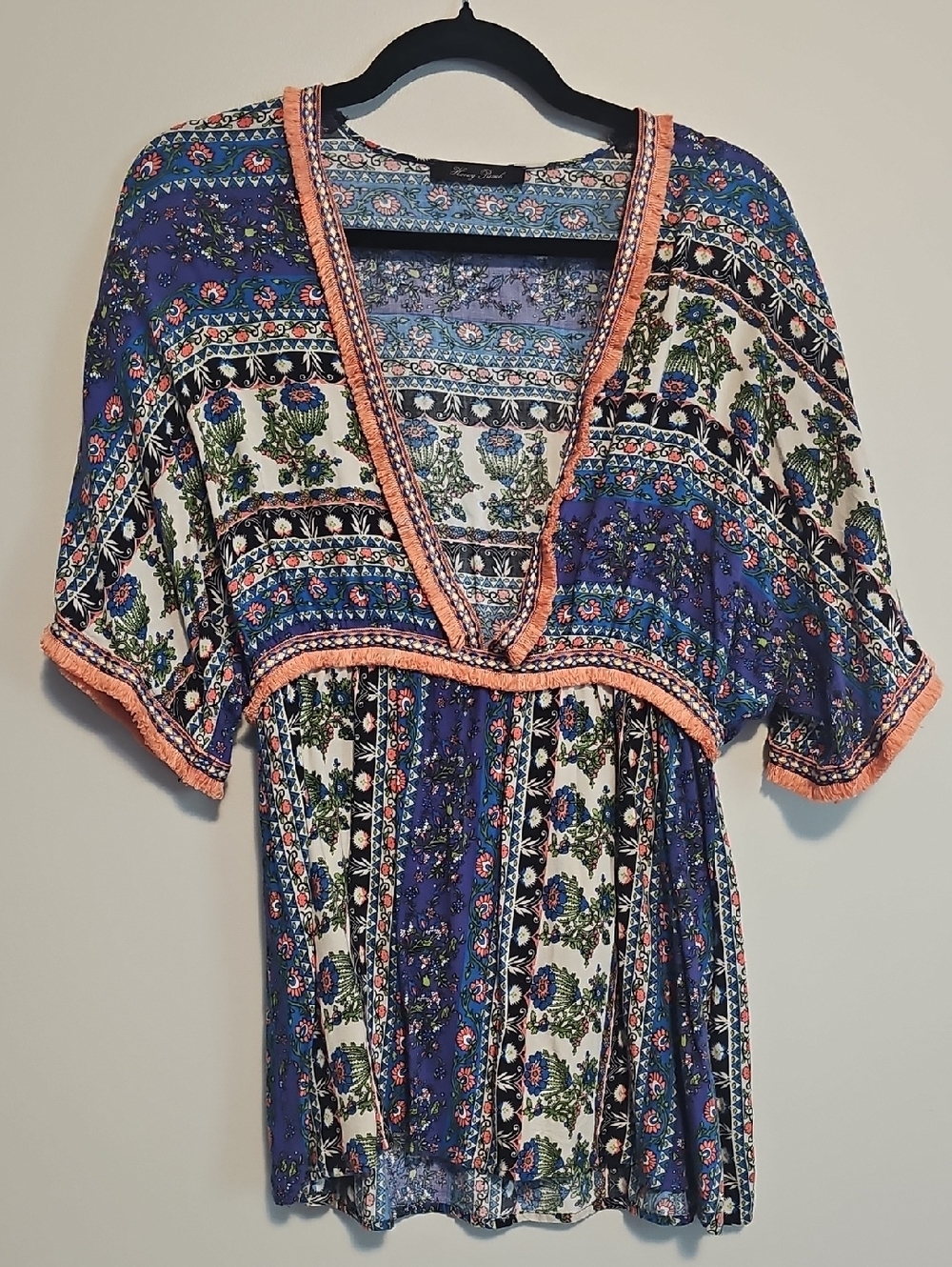 Honey Punch Floral V-Neck Tunic in Blue, White & Coral Swim Coverup